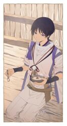 1boy armor barefoot black_hair black_ribbon blunt_ends bow bowl chinikuniku detached_sleeves eyeshadow fingernails food genshin_impact hands_up highres holding holding_bowl holding_spoon indoors japanese_armor japanese_clothes kote kurokote makeup male_focus neck_ribbon official_alternate_costume pants pom_pom_(clothes) purple_bow purple_eyes purple_shirt red_ribbon ribbon rice scaramouche_(genshin_impact) scaramouche_(kabukimono)_(genshin_impact) seiza shirt short_hair short_sleeves sitting smile solo soup spoon teeth vest white_pants white_vest wooden_floor