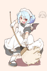2girls ^_^ alternate_costume apron bat_wings berusuke_(beru_no_su) black_dress black_shoes blue_hair brown_background closed_eyes dress enmaided fang full_body gloves hair_between_eyes holding holding_mop izayoi_sakuya looking_at_viewer maid maid_apron maid_headdress mary_janes mop multiple_girls open_mouth pointy_ears puffy_short_sleeves puffy_sleeves red_hair remilia_scarlet shoes short_hair short_sleeves socks touhou v-shaped_eyebrows white_apron white_gloves white_socks wings