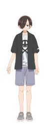 Rule 34 | 1boy, black shirt, blue eyes, blue shorts, boku no kokoro no yabai yatsu, closed mouth, collared shirt, full body, hair over one eye, highres, ichikawa kyoutarou, looking at viewer, official art, print shirt, shirt, shirt under shirt, shoes, short hair, shorts, simple background, skull print, sneakers, solo, standing, transparent background, white shirt, white shoes