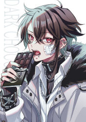 1boy bandaid bandaid_on_cheek bandaid_on_face brown_hair candy chocolate chocolate_bar collared_shirt commentary ear_piercing food grey_jacket grey_nails hair_between_eyes highres holding holding_chocolate holding_food jacket jewelry long_sleeves looking_at_viewer male_focus nail_polish necklace open_clothes open_jacket open_mouth original piercing red_eyes ring shirt short_hair simple_background solo suzaku_(zaku6584) upper_body white_background white_shirt wing_collar zipper
