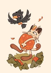 apchuyuji beak bird black_eyes bright_pupils closed_mouth creatures_(company) flying game_freak gen_1_pokemon gen_2_pokemon grass highres holding leaf meowth murkrow nintendo pokemon pokemon_(creature) pumpkin red_eyes walking white_pupils wings