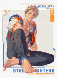 Rule 34 | 1boy, arm on knee, barefoot, black hair, black pants, blonde hair, blue eyes, blue hoodie, character name, collarbone, commentary request, copyright name, dog tags, facial scar, fingerless gloves, forked eyebrows, full body, gloves, highres, hood, hood down, hoodie, knee up, looking at viewer, luke sullivan, male focus, mma gloves, multicolored gloves, multicolored hair, multiple scars, muscular, muscular male, pants, parted lips, scar, scar across eye, scar on arm, scar on cheek, scar on face, shirt, short sleeves, sitting, sleeveless, sleeveless hoodie, smile, solo, star (symbol), street fighter, street fighter 6, talgi, teeth, two-sided hoodie, two-tone hair, veins, veiny arms