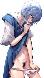 Rule 34 | 1girl, aged down, ayanami rei, blue hair, blue skirt, blush, bow, clothes lift, crotch seam, stained panties, dress, dress lift, female focus, female pubic hair, highres, irohasu (csah8525), lifting own clothes, looking down, navel, neon genesis evangelion, nose, open mouth, panties, panty pull, pee stain, pink panties, pubic hair, pulling own clothes, pussy juice, pussy juice trail, red bow, red eyes, school uniform, shadow, short hair, skirt, skirt lift, stained panties, standing, stomach, tagme, thighs, tokyo-3 middle school uniform, uncensored, underwear, wet, white background