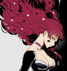 1girl breasts choker cleavage facial_mark fire_emblem fire_emblem_engage hair_ornament highres long_hair looking_at_viewer nintendo pink_choker red_eyes red_hair smile solo star_(symbol) star_facial_mark star_hair_ornament umi_(_oneinchswing) yunaka_(fire_emblem)