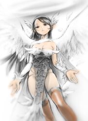 1girl akai_takami angel angel_wings beckoning black_dress black_hair brown_eyes brown_thighhighs detached_sleeves dress feathers fingernails head_tilt highres long_fingernails long_hair looking_at_viewer original parted_lips pelvic_curtain pointy_ears smile spread_wings standing thighhighs white_wings wings