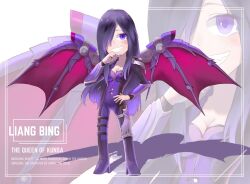 1girl armor banban953 belt black_belt black_bodysuit black_boots black_hair bodysuit boots bracer breasts buttons character_name chinese_commentary cleavage commentary_request deformed demon_wings dot_nose english_text eyelashes fang gradient_hair grin hair_over_one_eye hand_on_own_chin hand_on_own_hip high_heel_boots high_heels highres knee_boots knee_pads leg_belt liang_bing light_blush long_hair multicolored_hair multiple_belts pauldrons pink_wings purple_bodysuit purple_eyes purple_hair shadow shoulder_armor sidelocks single_knee_pad small_breasts smile smug solo spread_wings standing straight_hair two-tone_bodysuit very_long_hair white_background wings xiong_bing_lian zoom_layer
