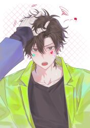 2boys absurdres black_hair black_shirt blush brown_eyes brown_hair cheng_xiaoshi collarbone green_jacket hair_between_eyes hand_in_another&#039;s_hair hand_on_another&#039;s_head headpat heart highres jacket kouhai99153 long_sleeves looking_at_viewer lu_guang male_focus messy_hair multiple_boys official_alternate_costume open_clothes open_jacket open_mouth out_of_frame shiguang_dailiren shirt short_hair simple_background solo_focus star_(symbol) sticker_on_face sweat sweatdrop teeth upper_body white_background yaoi