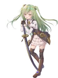 1girl alexmaster bad_source black_dress black_gloves black_thighhighs blush boots breasts brown_boots brown_eyes center_frills dress frills full_body game_cg gloves green_hair hair_ornament hand_on_hilt juliet_sleeves katana knee_boots long_hair long_sleeves looking_at_viewer official_art open_mouth own_hands_together puffy_sleeves sennen_sensou_aigis sheath sheathed shirt solo standing standing_on_one_leg sword thighhighs third-party_source transparent_background two_side_up weapon white_background white_shirt