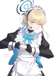 Rule 34 | 1girl, absurdres, akanora, apron, black dress, blonde hair, blue archive, blue ribbon, breasts, closed eyes, dress, halo, heart, heart hands, highres, maid, maid apron, maid headdress, medium breasts, ribbon, short hair, solo, toki (blue archive), upper body, white background