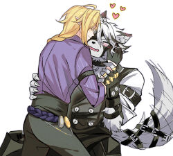 2boys animal_ear_fluff animal_ears arm_belt belt black_belt black_choker black_gloves black_hair blonde_hair blush body_fur buttons choker claws closed_eyes closed_mouth collared_shirt double-breasted ear_blush ear_piercing eyepatch fang fingerless_gloves furry furry_male gloves grey_pants grey_vest hair_between_eyes hand_on_another&#039;s_cheek hand_on_another&#039;s_face hands_up hashtag-only_commentary heart highres holding_another&#039;s_arm hugo_vlad long_hair low_ponytail male_focus meronppaii motion_lines multicolored_hair multiple_boys muzzle_(mask) one_eye_covered open_mouth pants piercing pointy_ears ponytail purple_shirt shirt short_hair short_sleeves simple_background skin_fang smile streaked_hair tail tail_belt tail_wagging vest von_lycaon white_background white_fur white_hair white_shirt wolf_boy wolf_ears wolf_tail yaoi zenless_zone_zero