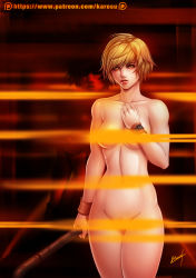 2016 artist_name bags_under_eyes bar_censor blonde_hair breasts casual censored collarbone female_focus heather_mason karosu_maker looking_at_viewer nude pale_skin patreon_username silent_hill solo watch watermark weapon web_address wristwatch yellow_eyes