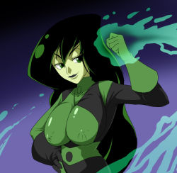 1girl breasts female_focus fire gradient_background green_eyes jouwan kim_possible_(series) shego solo upper_body