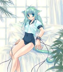 00s 1girl 2006 animal_ears antenna_hair aqua_hair artist_name bed blue_eyes blue_sailor_collar cat_ears chachamaru_(junk_palace) cya2maru female_focus leaf one-piece_swimsuit original plant sailor_collar school_swimsuit school_uniform serafuku short_sleeves signature sitting solo swimsuit white_theme window