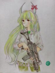 Rule 34 | alternate costume, blush, bow, cowboy shot, ex-keine, green hair, green pants, green shirt, gun, h&amp;k g36c, highres, holding, holding gun, holding weapon, hood, hoodie, horns, kamishirasawa keine, long hair, looking to the side, orange eyes, pants, q-bee (aaru), red bow, shirt, simple background, touhou, traditional media, trigger discipline, weapon, white background, white hoodie