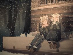 2girls animal_ears blonde_hair blue_hairband blue_mittens blue_scarf brown_footwear closed_eyes coat dog_ears fuwawa_abyssgard hairband highres holding hololive hololive_english long_hair long_sleeves mittens mococo_abyssgard multiple_girls open_mouth outdoors pink_hairband pink_mittens pink_scarf scarf seblueka short_hair sitting snowing virtual_youtuber