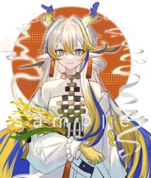 Rule 34 | 1girl, arknights, bare shoulders, beads, blonde hair, blue hair, closed mouth, colored extremities, commentary, dragon girl, dragon horns, earrings, green eyes, hair between eyes, hair intakes, horns, jewelry, long sleeves, looking at viewer, multicolored hair, necklace, off shoulder, plant, pointy ears, red sun, sample watermark, shu (arknights), smile, solo, watermark, wheat, white background, white hair, zhuji350