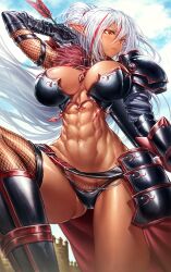 1girl abs armor breasts dark-skinned_female dark_skin elf female_focus highres large_breasts long_hair muscular muscular_female original outdoors pointy_ears ponytail solo standing sword warrior weapon