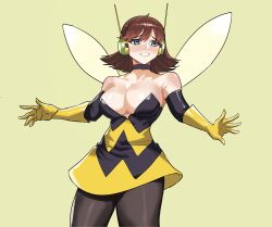 1girl absurdres alula456 animification avengers_(series) blue_eyes breasts brown_hair cleavage gloves highres insect_wings janet_van_dyne large_breasts looking_at_viewer marvel short_hair simple_background smile solo superhero_costume the_avengers:_earth&#039;s_mightiest_heroes! wasp_(marvel) wings