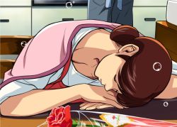 00s 1boy 1girl apron breasts brown_hair bubble cirima cleavage closed_eyes flower hair_bun hikaru_no_go housewife indoors mature_female mother&#039;s_day red_flower red_rose rose shindou_mitsuko short_hair shueisha single_hair_bun sleeping solo_focus tired volvox
