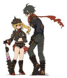 1boy 1girl baseball_bat belt black_boots black_gloves black_hair black_jacket blonde_hair boots crop_top crossed_bangs gloves hair_between_eyes hair_over_one_eye helmet holding holding_baseball_bat jacket lighter_(zenless_zone_zero) long_hair long_sleeves looking_at_viewer luciana_de_montefio mask mask_around_neck popochi_fuwa red_eyes red_scarf scarf shirt short_shorts shorts side_ponytail simple_background spiked_jacket standing sunglasses torn_clothes torn_scarf torn_shirt white_background zenless_zone_zero