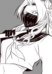 1girl aerith_gainsborough aerith_gainsborough_(midgard_seventh_high_school) bandaged_chest black_choker black_gloves black_mask breasts choker crop_top delinquent final_fantasy final_fantasy_vii final_fantasy_vii_ever_crisis flower gloves grey_background greyscale hair_flower hair_ornament highres holding holding_staff igusaharu long_hair looking_at_viewer mask medium_breasts midriff monochrome mouth_mask neckerchief official_alternate_costume over_shoulder parted_bangs school_uniform side_ponytail sidelocks solo staff upper_body weapon weapon_over_shoulder