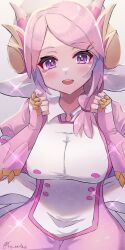 1girl absurdres blush braid breasts dragon_girl dragon_horns duel_monster fingerless_gloves gloves hair_ornament hat highres horns katsukare large_breasts looking_at_viewer maid nurse nurse_cap nurse_dragonmaid open_mouth pink_eyes pink_hair puffy_short_sleeves puffy_sleeves short_sleeves side_braid smile solo third-party_source yu-gi-oh!