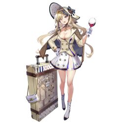 1girl :d ahoge alcohol artist_request blonde_hair blue_hair boots breasts buttons cleavage clutch_purse cup double-breasted drinking_glass full_body game_cg girls&#039;_frontline girls&#039;_frontline_neural_cloud gloves hand_on_own_hip hat highres holding holding_cup jacket long_hair millau_(neural_cloud) mole mole_on_breast official_art open_mouth rolling_suitcase skirt smile solo sparkling_eyes standing suitcase sun_hat tachi-e third-party_source transparent_background white_boots white_gloves white_skirt wine wine_glass yellow_jacket