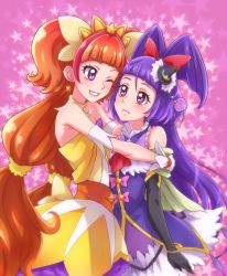 Rule 34 | 2girls, amanogawa kirara, bare shoulders, black gloves, blue dress, blue hair, blunt bangs, blush, bracelet, brown hair, chocokin, clenched teeth, closed mouth, couple, crossover, cure magical, cure twinkle, detached collar, dress, earrings, elbow gloves, eye contact, female focus, frills, gloves, go! princess precure, grin, hairband, highres, hug, izayoi liko, jewelry, lips, lipstick, long hair, looking at another, magical girl, mahou girls precure!, makeup, mini wings, multicolored hair, multiple girls, one eye closed, orange hair, pink background, pink eyes, precure, purple dress, purple eyes, purple hair, red hair, riko (mahou girls precure!), shy, sleeveless, sleeveless dress, smile, standing, star (symbol), star earrings, star symbol background, strapless, strapless dress, teeth, tiara, twintails, two side up, very long hair, white gloves, wings, wink, yellow dress, yuri