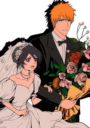 1boy 1girl black_bow black_bowtie black_hair black_vest bleach bouquet bow bowtie bridal_veil bride dress earrings flower groom highres holding holding_another&#039;s_arm holding_bouquet jewelry kuchiki_rukia kurosaki_ichigo necklace orange_eyes orange_hair purple_eyes simple_background smile spiked_hair star_(sr67305775) tuxedo veil vest wedding_dress white_dress