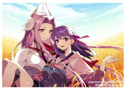 2girls blue_sky breasts capelet carrying curtained_hair dress fate/grand_order fate_(series) hair_ribbon headpiece hood hooded_sweater large_breasts long_hair long_sleeves looking_at_viewer matou_sakura medusa_(fate) medusa_(saber)_(fate) medusa_(saber)_(third_ascension)_(fate) meiji_ken multiple_girls open_mouth overalls parted_bangs pink_sweater princess_carry purple_eyes purple_hair ribbon sakura_(paper_moon) sidelocks sky smile sweater very_long_hair white_capelet white_dress