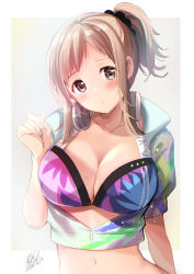 Rule 34 | 1girl, azuma yuki, blush, breasts, brown eyes, cleavage, commentary request, crop top, headphones, headphones around neck, high ponytail, highres, idolmaster, idolmaster shiny colors, large breasts, light brown hair, looking at viewer, medium hair, ponytail, puffy short sleeves, puffy sleeves, sakuragi mano, short sleeves, solo, upper body