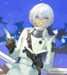 Rule 34 | 1boy, abi 07km, belt, black gloves, blue eyes, book, buttons, commentary request, gloves, grin, hair between eyes, highres, holding, holding book, holding quill, jacket, long sleeves, looking at viewer, male focus, metaphor: refantazio, open book, protagonist (metaphor: refantazio), quill, short hair, smile, solo, spoilers, twitter username, white belt, white jacket