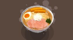bowl brown_background chopped_spring_onion commentary egg_(food) food from_above grated_daikon highres hisachan55cute katsu_(food) mantou no_humans noodles original ramen scenery simple_background softboiled_egg steaming_food
