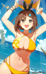 1girl :d atelier_(series) atelier_ryza ball beachball bikini black_hairband breasts brown_eyes brown_hair cleavage commentary_request criss-cross_halter hair_ornament hairband halterneck highres holding holding_ball holding_beachball large_breasts looking_at_viewer navel ocean official_art open_mouth oshiruko_(oshiruco_212048) outdoors reisalin_stout second-party_source short_hair smile solo starfish_hair_ornament swimsuit yellow_bikini