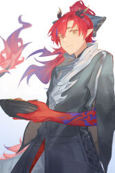 1boy arknights black_coat bowl coat colored_extremities cowboy_shot dragon_boy eastern_dragon_horns eastern_dragon_tail grey_eyes haaahoi high_ponytail highres holding holding_bowl horns long_hair looking_at_viewer pointy_ears ponytail red_hair red_hands simple_background smile solo tail white_background yu_(arknights)