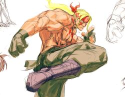 1boy abs alex_(street_fighter) body_markings clenched_hand closed_mouth facial_mark foot_out_of_frame frown green_pants headband leg_up long_hair looking_ahead male_focus muscular muscular_male pants pectorals ponytail red_headband sketch solo street_fighter street_fighter_iii_(series) topless_male white_background zero_setsu