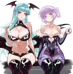 2girls absurdres animal_print aqua_hair bare_shoulders bat_print bat_wings black_leotard black_shorts black_thighhighs blue_eyes blunt_bangs blush braid braided_hair_rings breasts cleavage cleavage_cutout closed_mouth clothing_cutout collarbone commentary cosplay costume_switch crop_top crossover cutout_above_navel darkstalkers demon_girl foolish_potato fur-trimmed_leotard fur_trim green_eyes green_hair hair_intakes hair_rings head_wings heart_cutout highleg highleg_leotard highres large_breasts leotard long_hair looking_at_viewer low_wings medium_breasts micro_shorts morrigan_aensland morrigan_aensland_(cosplay) multiple_girls nanakusa_nazuna_(yofukashi_no_uta) nanakusa_nazuna_(yofukashi_no_uta)_(cosplay) navel off-shoulder_leotard pantyhose print_pantyhose purple_hair purple_pantyhose ringed_eyes shiny_clothes shiny_skin short_shorts shorts simple_background sitting skindentation sleeveless sleeveless_turtleneck smile thighhighs thighs trait_connection turtleneck vampire white_background wings yofukashi_no_uta