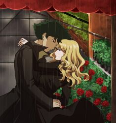 Rule 34 | absurdres, blonde hair, blue eyes, brown eyes, couple, cowboy bebop, curly hair, green hair, highres, hug, julia (cowboy bebop), spike spiegel