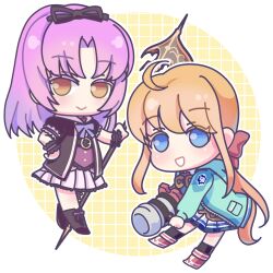 2girls :&gt; :d ahoge black_ribbon blue_eyes blue_jacket border chibi chibi_only commentary_request curtained_hair eiyuu_densetsu grid_background hair_ribbon hand_on_own_hip highres holding holding_scythe holding_weapon jacket long_hair looking_at_viewer medium_hair momoiro_sango multiple_girls open_clothes open_jacket open_mouth outside_border pleated_skirt purple_hair renne_(eiyuu_densetsu) ribbon round_border scythe sen_no_kiseki sen_no_kiseki_(series) sen_no_kiseki_i sen_no_kiseki_iv simple_background skirt smile tita_russell weapon white_border white_skirt yellow_background yellow_eyes