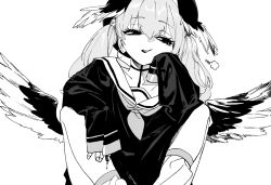Rule 34 | 1girl, baggy clothes, blood, blood on hands, blue archive, cheek press, commentary request, cropped, delinquent, dorontabi, elbows on knees, empty eyes, expressionless, feathered wings, greyscale, hair between eyes, half-closed eyes, hand on own cheek, hand on own face, head rest, head wings, highres, koharu (blue archive), leg warmers, long hair, long sleeves, looking to the side, monochrome, neckerchief, parted lips, puff of air, sailor collar, school uniform, simple background, single sleeve past fingers, single sleeve past wrist, sitting, solo, twintails, white background, wings