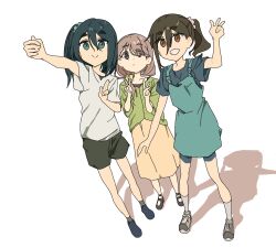 3girls amamiya_satsuki_(mono) bad_tag black_hair black_shoes black_shorts blue_shirt blue_shoes brown_eyes double_v eyes_visible_through_hair full_body green_eyes green_hair green_jacket green_overalls green_scrunchie green_shoes grey_hair grey_shirt grey_socks hair_between_eyes hair_ornament hair_over_one_eye hair_over_shoulder hair_scrunchie highres jacket kawaya_(kawasu_) kiriyama_an loafers mono_(afro) multiple_girls one_side_up overall_skirt overalls ponytail purple_eyes scrunchie shadow shikishima_sakurako shirt shoes shorts side_ponytail skirt socks straight-on t-shirt taking_picture v w white_background yellow_skirt