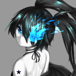 Rule 34 | 1girl, absurdres, black hair, black rock shooter, black rock shooter (character), blue eyes, blue fire, fire, flaming eye, grey background, highres, long hair, pale skin, solo, star (symbol), star tattoo, tattoo, tokyo (1421), twintails