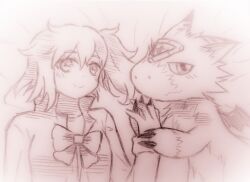Rule 34 | aiba ami, blue eyes, digimon, digimon (creature), digimon story: cyber sleuth, dorumon, goggles, goggles on head, long hair, monochrome, red hair, sidetail, sketch, traditional media