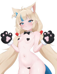 1girl absurdres animal_ear_fluff animal_ears animal_hands blonde_hair blue_eyes blue_hair blush breasts cameltoe cat_ears closed_mouth commentary cowboy_shot fins fish_girl fish_tail gloves heart_maebari highres indie_virtual_youtuber kosame_(pixiv_113148292) lifebuoy_hair_ornament long_hair looking_at_viewer maebari multicolored_hair navel paw_gloves ribs sameko_saba simple_background small_breasts solo streaked_hair tail virtual_youtuber white_background