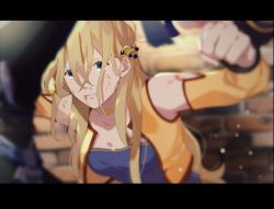 1boy 1girl amano_yoshitaka_design blonde_hair blood breasts celes_chere final_fantasy final_fantasy_vi highres letterboxed locke_cole long_hair yawai_tofu