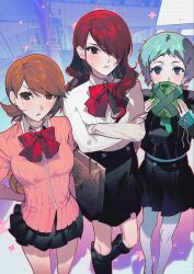Rule 34 | 3girls, aqua hair, brown eyes, brown hair, cardigan, gapamopa, grey eyes, hair over one eye, highres, kirijou mitsuru, long sleeves, multiple girls, pantyhose, persona, persona 3, pink cardigan, red eyes, red hair, skirt, takeba yukari, white pantyhose, yamagishi fuuka