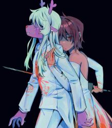 1girl 1other animal_ears antlers backstab black_background blonde_hair blood blood_on_clothes brown_hair coattails commentary deer_antlers deer_ears deer_girl deltarune dress english_commentary formal_clothes furry furry_female goomyloid highres holding holding_sword holding_weapon horns jacket kris_(deltarune) long_hair long_sleeves noelle_holiday pants red_eyes short_hair shoujo_kakumei_utena spoilers stab suit suit_jacket sword weapon weird_route_(deltarune) white_dress white_jacket white_pants white_suit