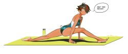 1girl absurdres ass back bare_shoulders barefoot black_hair black_nails breasts chinese_commentary commentary_request dark-skinned_female dark_skin english_text hair_over_one_eye highres medium_breasts multicolored_hair nail_polish one-piece_swimsuit original prisoners_book_(artist) red_hair short_hair solo sweatdrop swimsuit tan tanline toenail_polish toenails two-tone_hair variant_set yellow_eyes yoga_mat