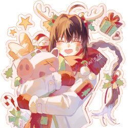 1other ahoge androgynous antlers bag baguette bell black_hair blush bow box braid braided_ponytail bread candy candy_cane christmas closed_eyes fate/grand_order fate/samurai_remnant fate_(series) food gift gift_box hair_bell hair_bow hair_intakes hair_ornament highres holding holding_bag horns jacket long_hair long_sleeves ming_yue_zz mistletoe_hair_ornament mittens open_mouth red_mittens red_scarf reindeer_antlers scarf sidelocks single_braid smile snowman solo sticker_on_face stuffed_animal stuffed_pig stuffed_toy upper_body white_jacket winter_clothes yamato_takeru_(fate)