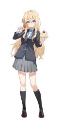 1girl absurdres black_jacket black_socks blazer blonde_hair blue_eyes blue_ribbon cake cake_slice closed_mouth collared_shirt food fork fruit full_body grey_skirt hair_between_eyes highres holding holding_fork holding_plate jacket k-on! kneehighs kotobuki_tsumugi light_smile loafers long_hair looking_at_viewer neck_ribbon plate pleated_skirt ribbon school_uniform sh1on shirt shoes simple_background skirt socks solo standing strawberry strawberry_shortcake thick_eyebrows white_background white_shirt